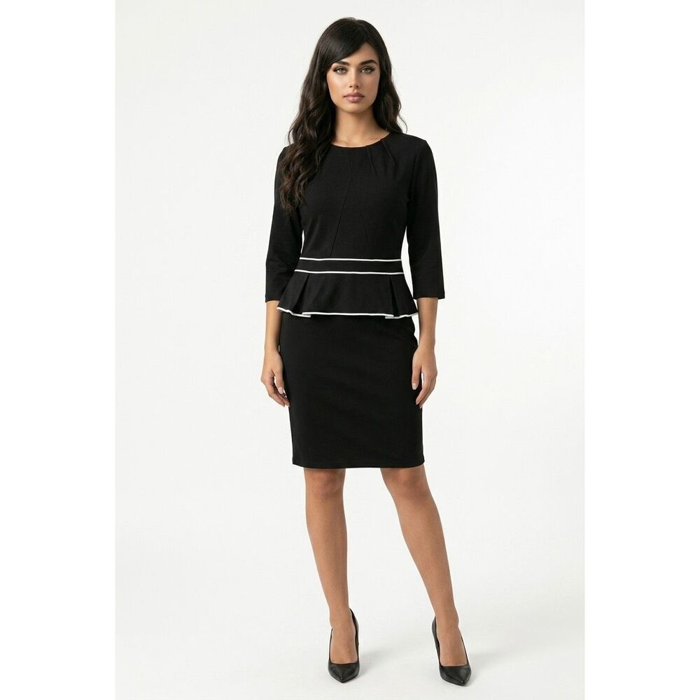 HOMEYEE  peplum business sheath dress with white piping detail Sz XL (10) NWT